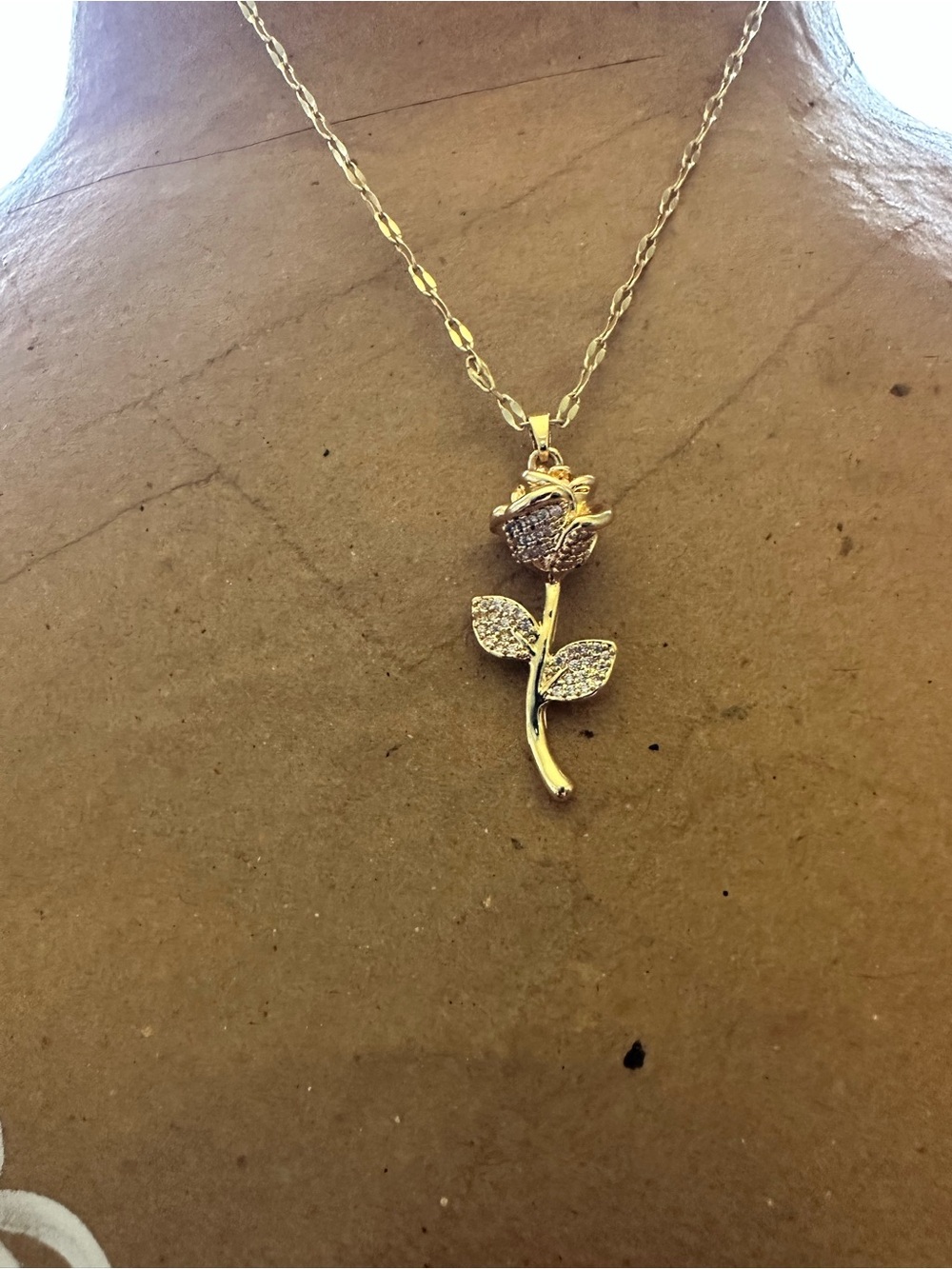 Gold Rose Pendant Necklace with Crystal Leaves - Women Jewelry